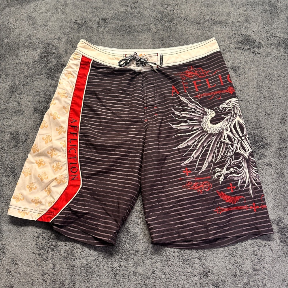 Affliction Board Shorts Mens 36 Black Red Eagle Graphic Y2K MMA Swim Trunks
